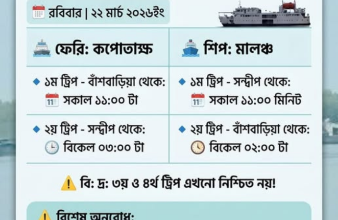 সন্দ্বীপ-বাঁশবাড়িয়া রুটে ফেরি ও শিপ চলাচলের সর্বশেষ আপডেট: রবিবার, ২২ মার্চ ২০২৬